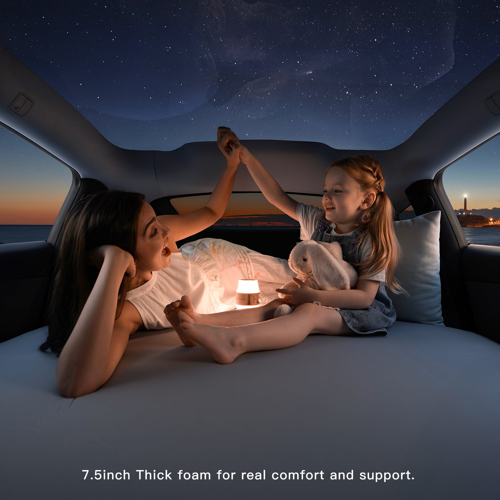7.5 inch foam Tesla Model Y mattress providing comfortable support for car camping