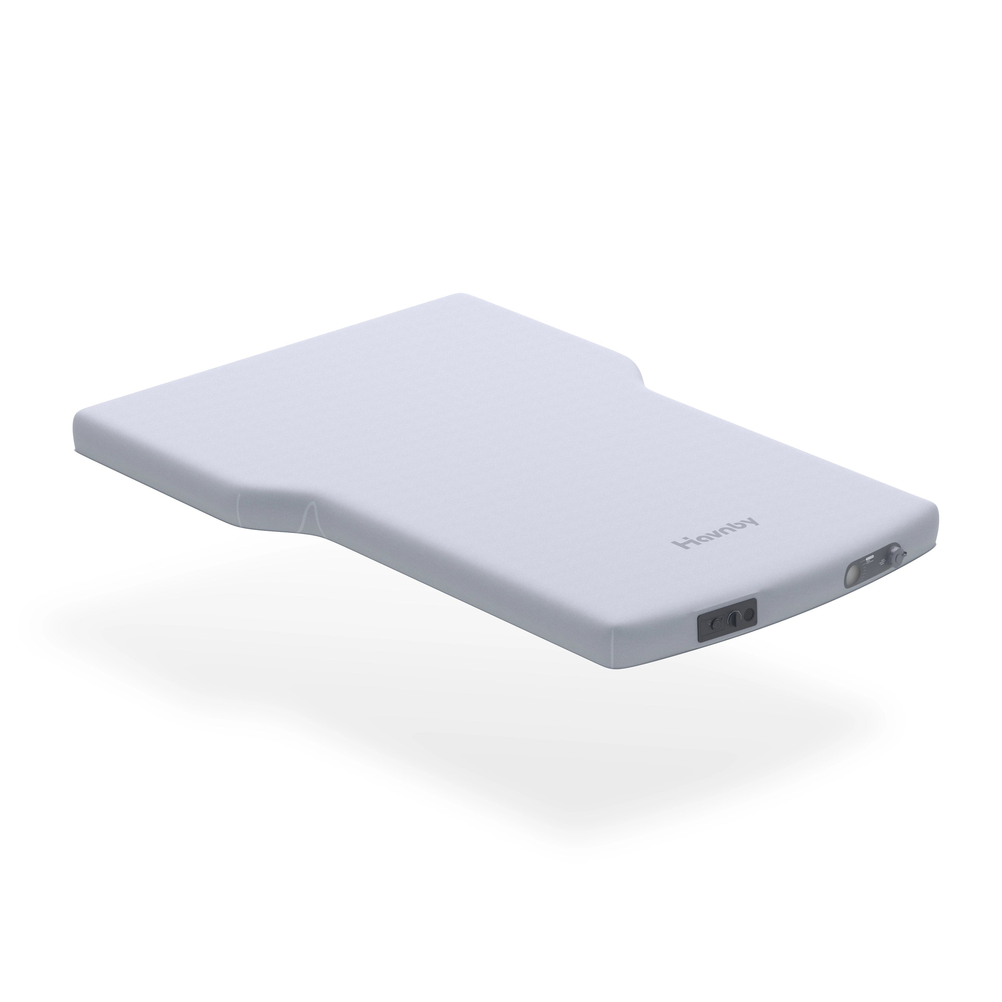 A light gray rectangular car camping mattress with a small tab on one side, shown floating on a white background. The brand name 'Vexster' is printed near the bottom right, and a small port is visible on the right edge.