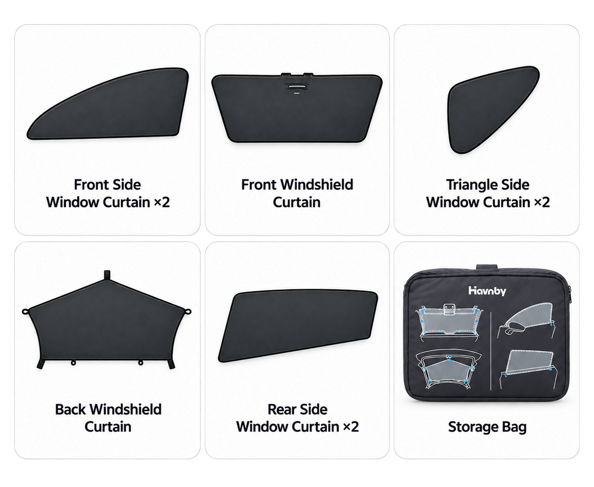 Six-panel layout showing included car window curtain components and a storage bag on a white background, with labels: Front Side Window Curtain x2, Front Windshield Curtain, Triangle Side Window Curtain x2, Back Windshield Curtain, Rear Side Window Curtain x2, and Storage Bag. The storage bag is branded Hemyby.