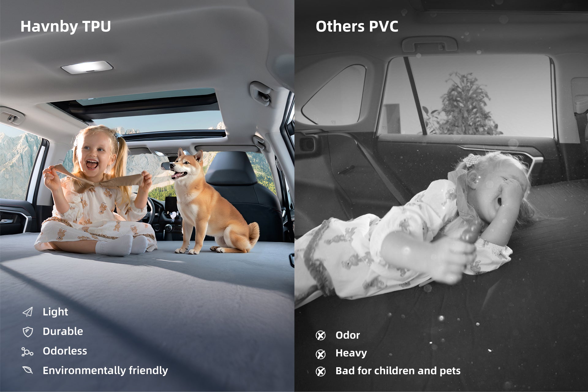 Odor-free, TPU SUV air mattress safe for kids and pets