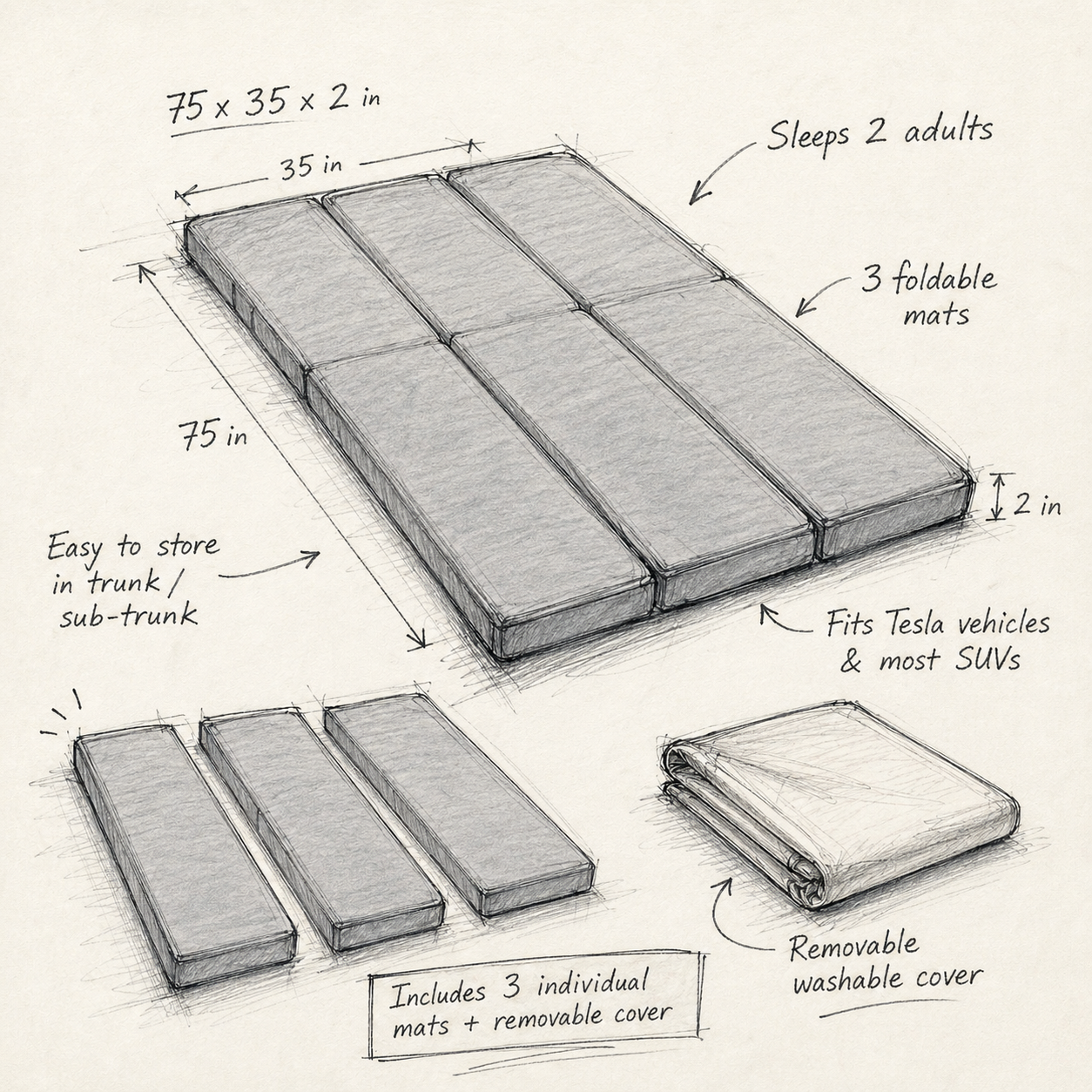Illustration of a set of folding mats with dimensions and features listed