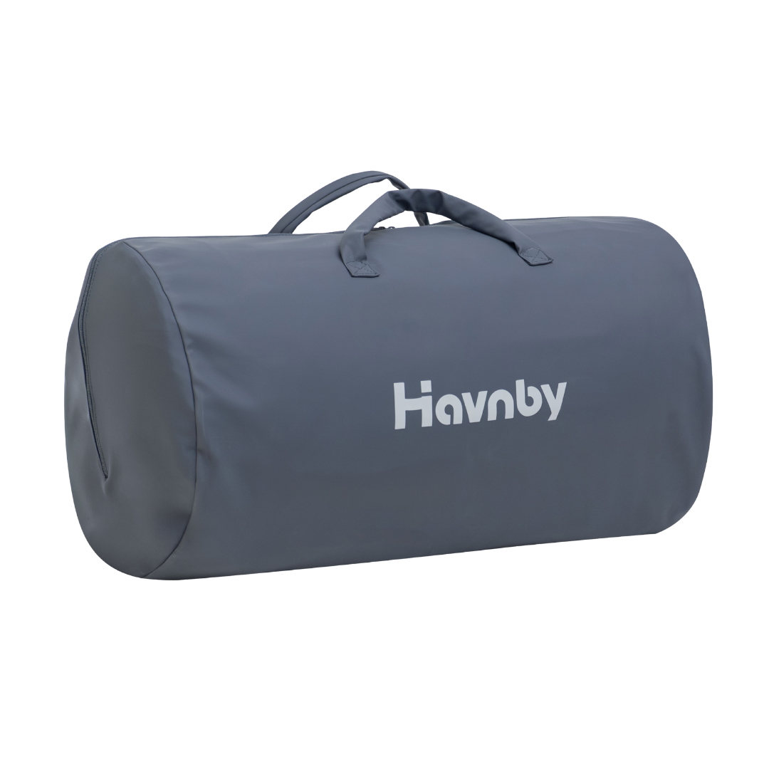 A dark gray cylindrical duffel bag with top handles and the white 'Havnby' logo printed on the front, shown against a plain white background.