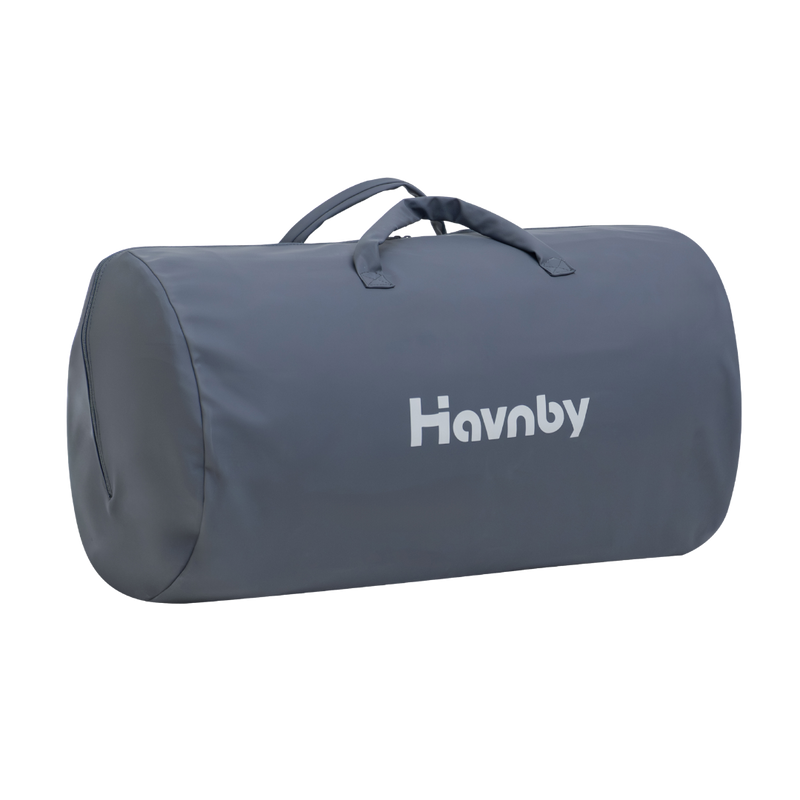 A dark gray cylindrical duffel bag with top handles and the white 'Havnby' logo printed on the front, shown against a plain white background.