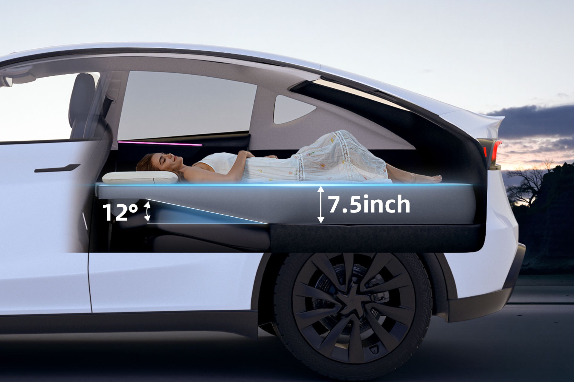 Havnby 7.5 inch foam air mattress creating flat stable sleeping surface in Tesla Model Y