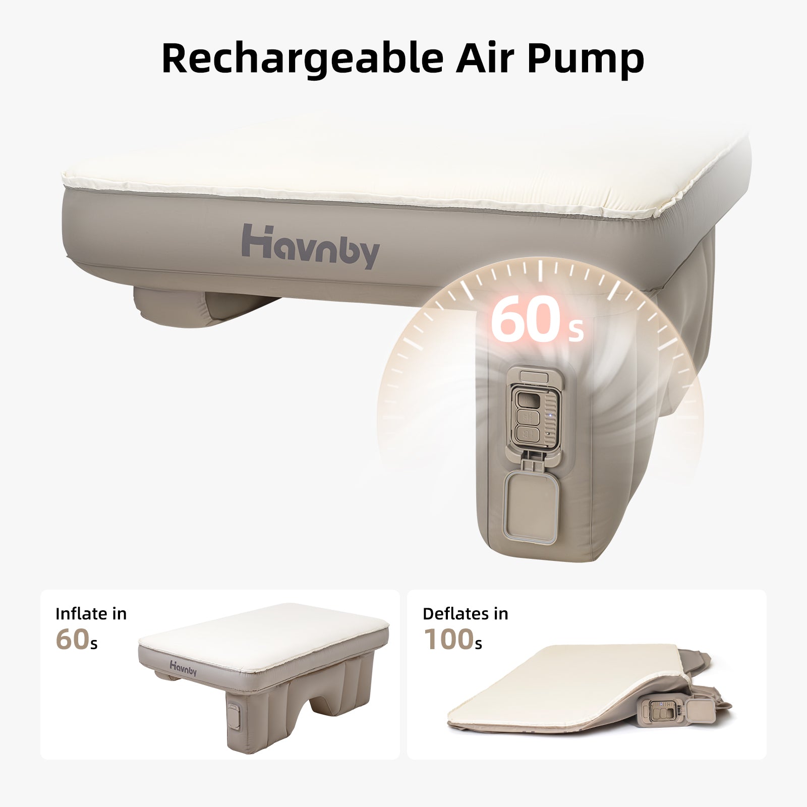 Built in rechargeable pump inflating Havnby Sienna 3rd row mattress in 60 seconds