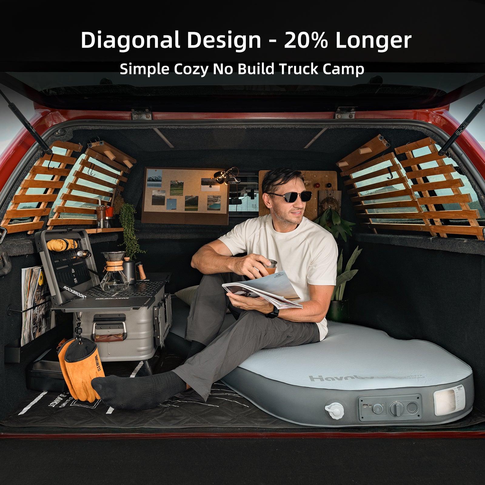 Pickup truck bed mattress diagonal fit for camping and sleeping
