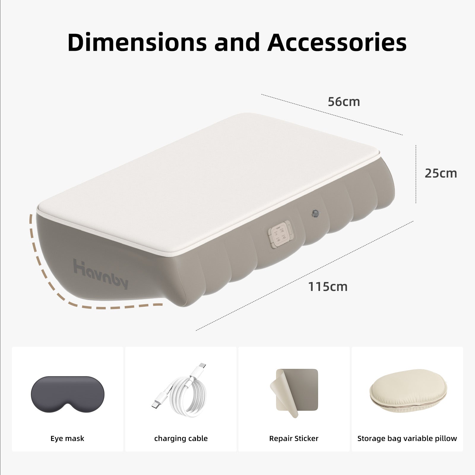 Dimensions and accessories included with Havnby Toyota Highlander 3rd row mattress for travel use