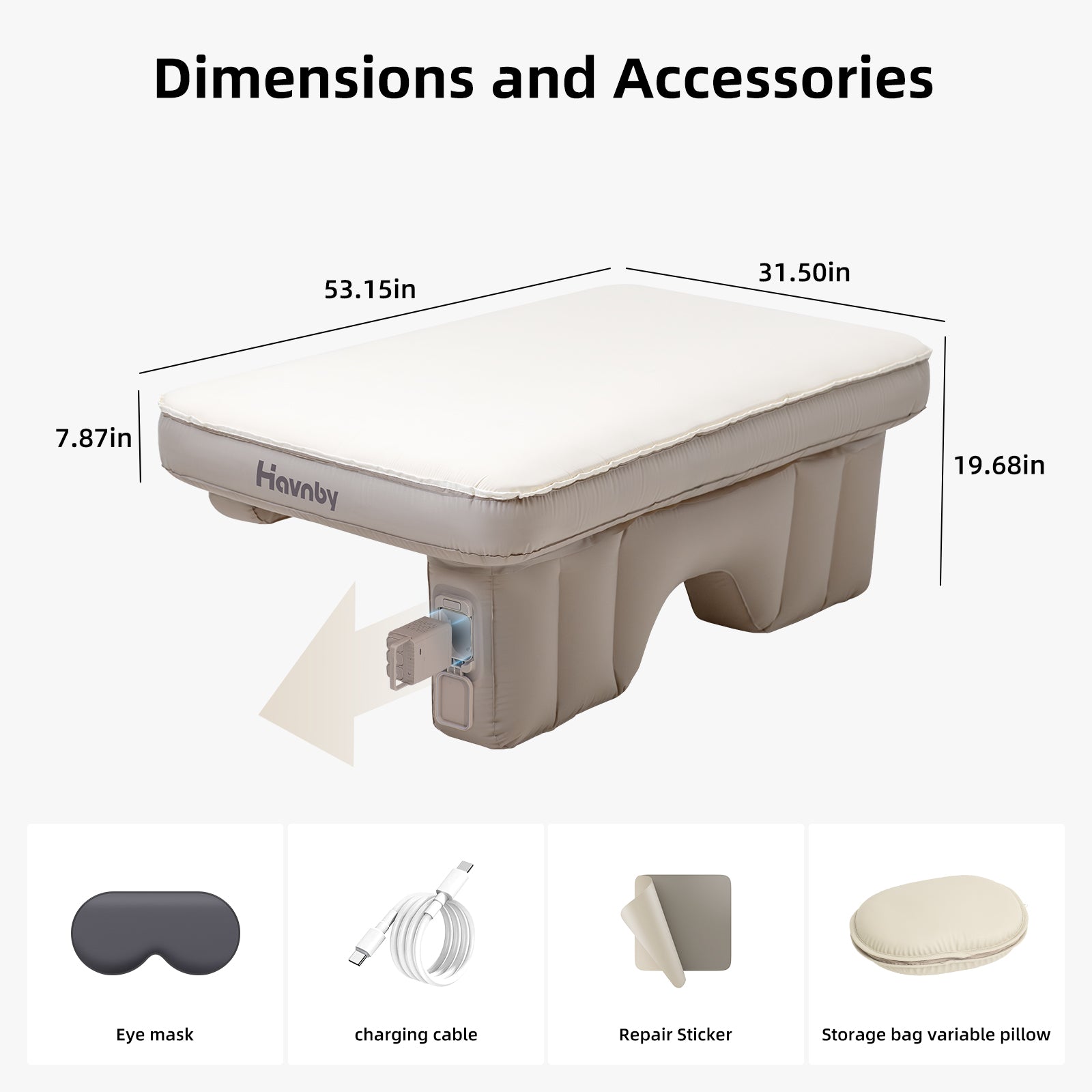 Dimensions and accessories of Havnby Toyota Sienna 3rd row mattress including pillow and bag