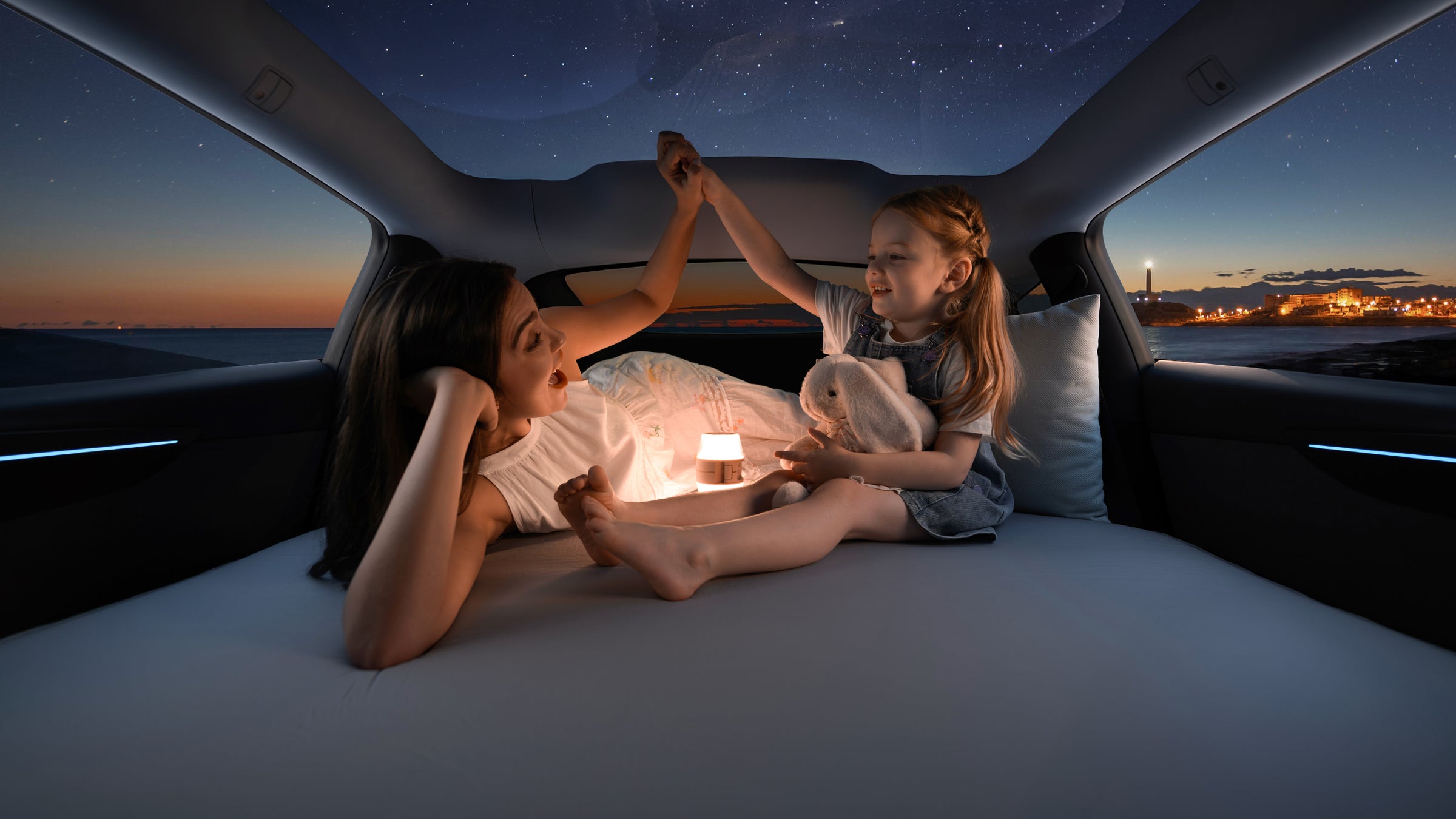 person relaxing inside Tesla Model Y with Havnby foam mattress during Tesla car camping