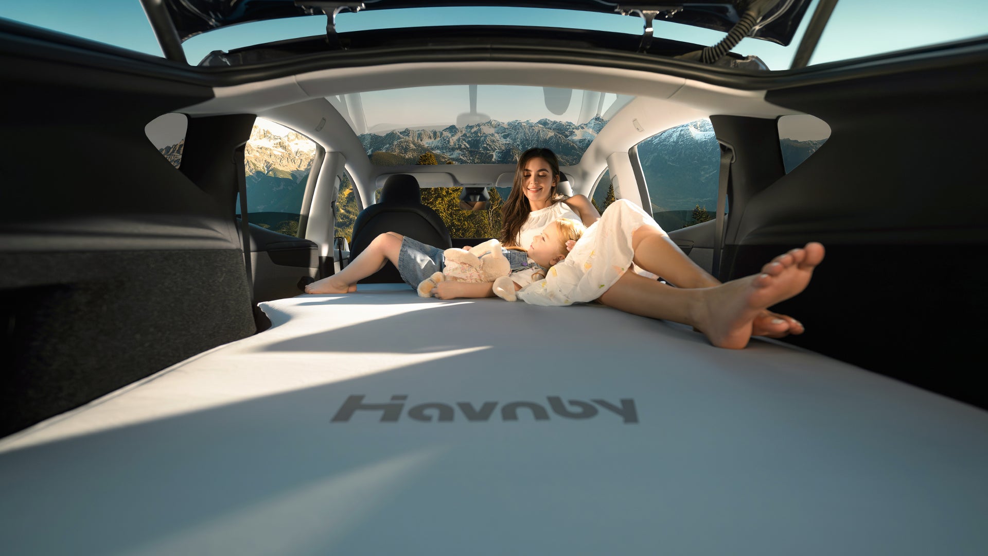 large Tesla Model Y foam mattress by Havnby designed for two person car camping comfort