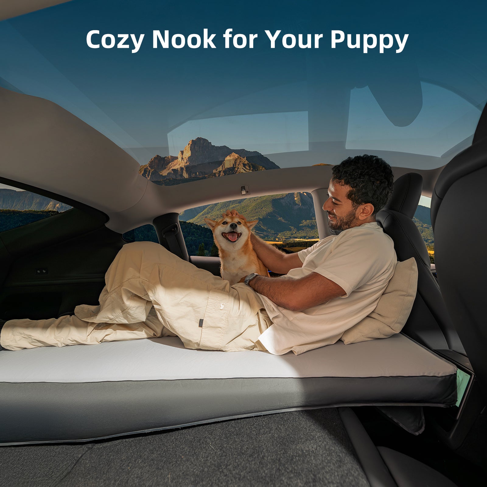 Owner and dog relaxing on Havnby Tesla Solo mattress showing pet friendly comfort