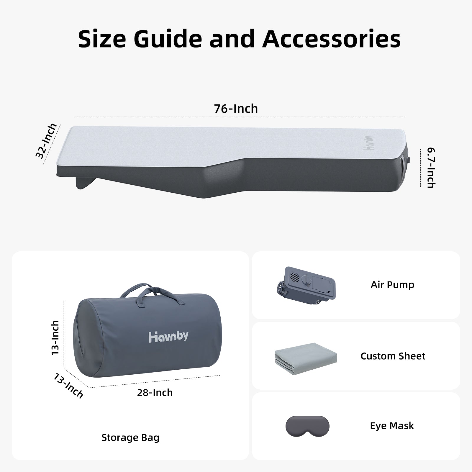 Size chart of Havnby Autolevel Foam Tesla Solo mattress for Model Y fitment