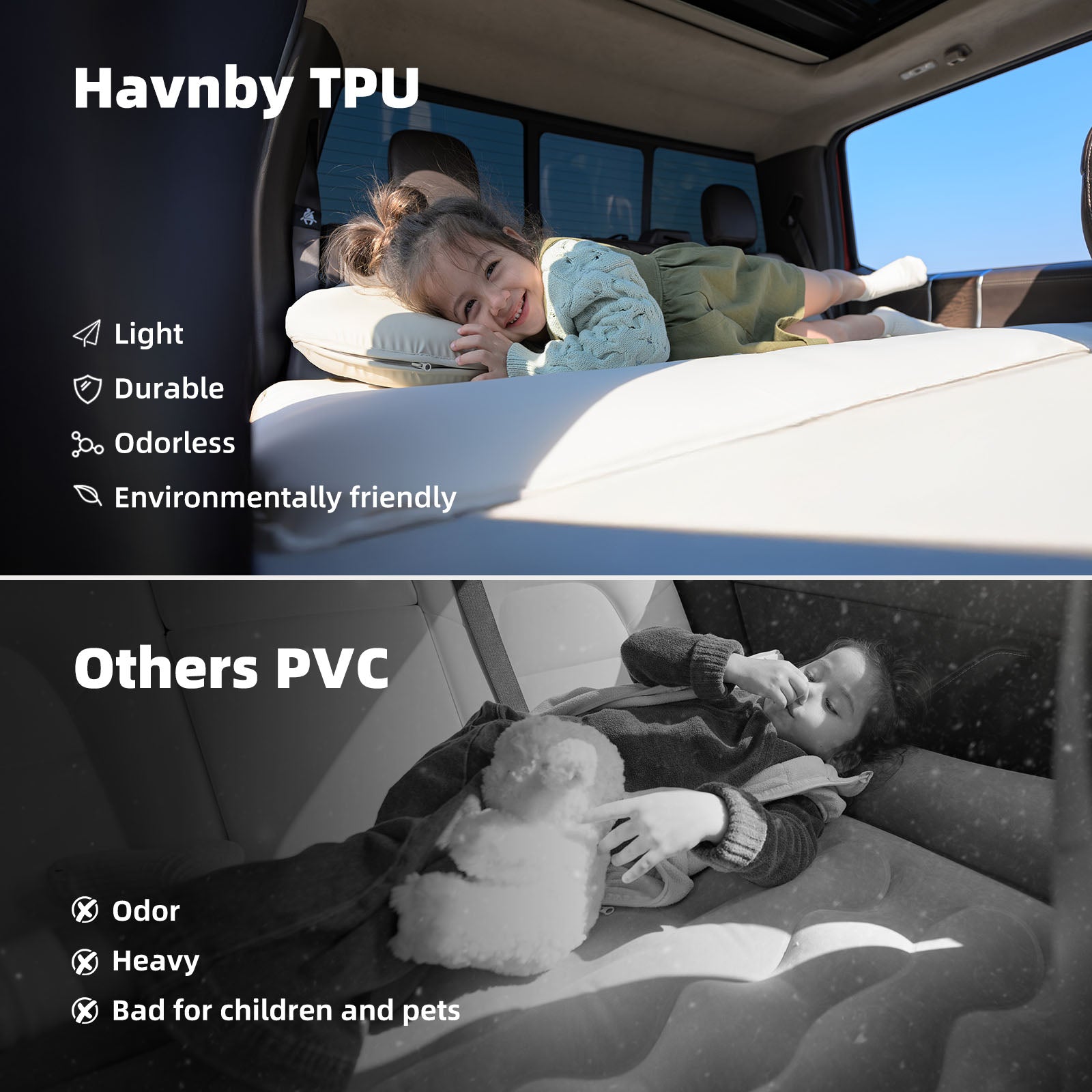 Comparison of TPU vs PVC material showing lightweight, odorless, and pet-safe advantages