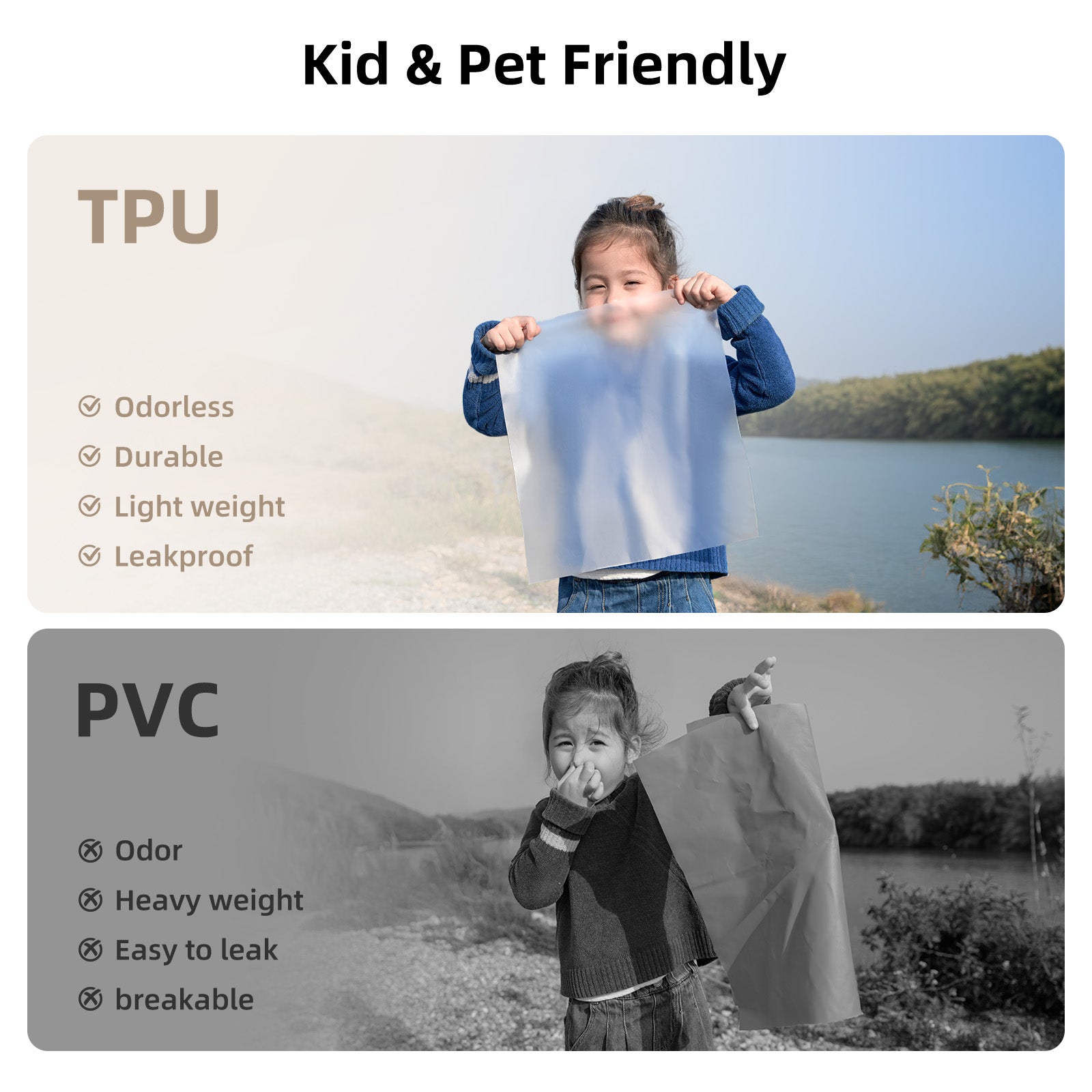 Odorless TPU material compared to PVC showing kid and pet friendly design for Highlander mattress