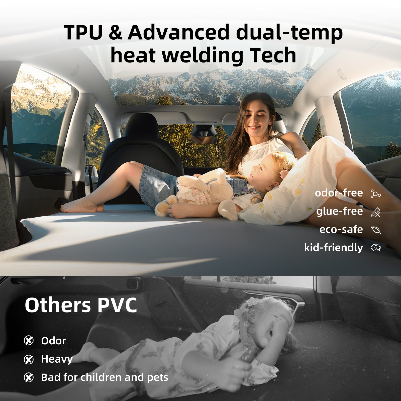 Comparison of TPU vs PVC material showing odor-free and safe design of Havnby Tesla mattress